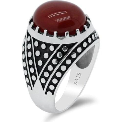 925 Sterling Silver Mens Ring with Natural Red Agate Stone Male Rings Retro Oval Onyx Turkish Handmade Antique Silver Jewelry