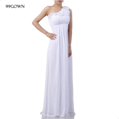99GOWN Wedding Guest Dresses For Women 2019 Simple White Chiffon Prom Long Wedding Party Dress Pleated One Shoulder