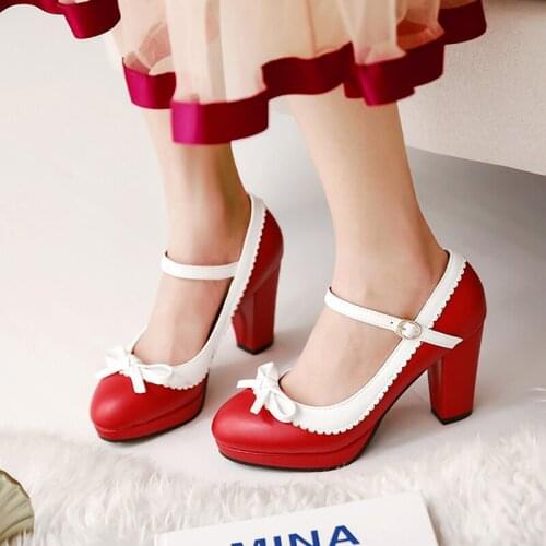 Big Size 32-43 Women Pumps Mary Jane buckle Strap Leisure Chunky Heel Shoes Fashion spring Pumps white red 2020