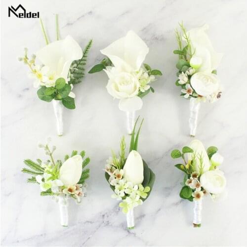 White Brooches PU Callas Flower Corsage Wrist Flower Silk Rose Boutonniere Brooches for Bride Bridesmaid Groom Man Wedding Party