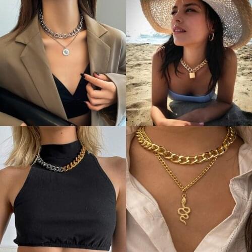 HOCOLE Vintage Gold Lock Key Chunky Chain Pendant Necklace For Women Men Punk Big Multilayed Choker Necklaces Jewelry Party