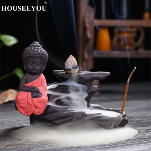 HOUSEEYOU 6 Kinds of Buddha Monk Backflow Incense Burner Stick Incense Holder Stand 2 in 1 Censer Perfume Flavor Spice Fragrance