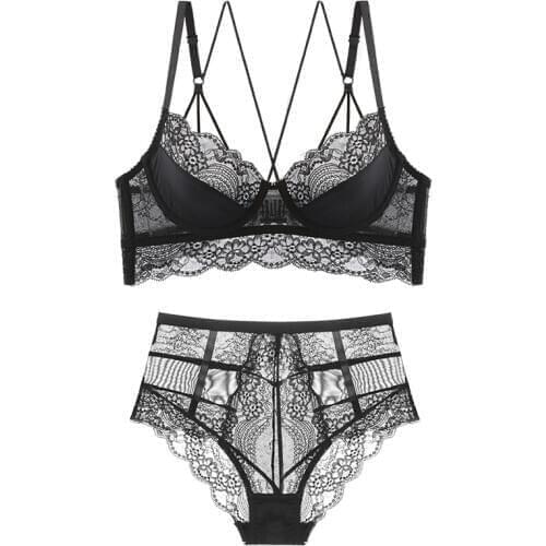 New Deep V Women Lace Bra Set Sexy Lingerie Plus Size Ultra Thin No Sponge Push Up Transparent Underwear And High Waist Panties