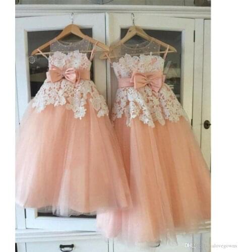 Beautiful Flower Girl Dresses For Wedding White Lace Orange Tulle Girls Pageant Gowns Sheer Neck Sleeveless Flowergirl Kids Part