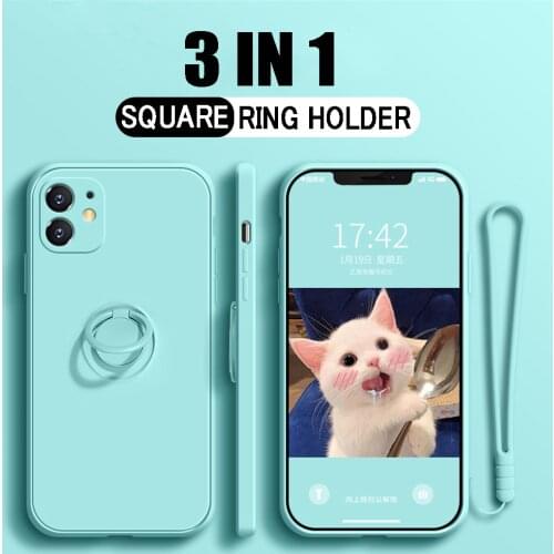 Square Soft Silicone Phone Case With Strap For iPhone 11 12 Pro Max XS Max X XR 7 8 6 Plus Magnetic Ring Holder Shockproof Cover