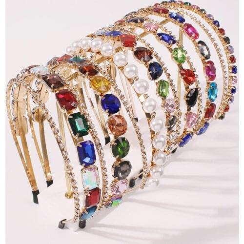 2021 Hot-sale Design Gold Colorful Diamond Double Layer Headband Geometric Crystal Rhinestone Hair Band