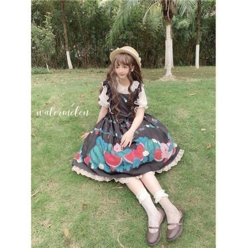 Watermelon Sweet Womens 2Pcs Set: Lolita JSK Dress + Half Sleeve White Shirt Sleeveless Dress Cute Lace Bows Trim One Piece