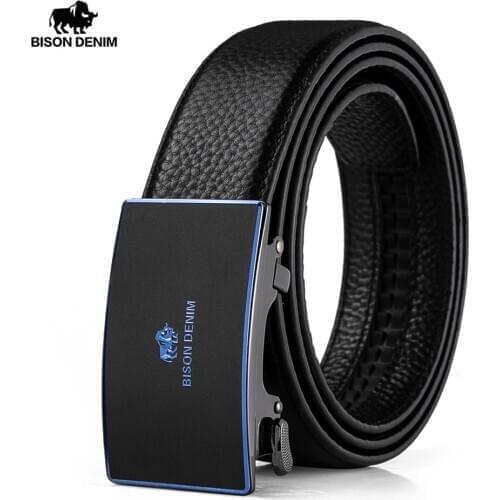 BISON DENIM Cow Leather Belts for Men 3.5cm Width Brand Fashion Automatic Black Blue Buckle Genuine Leather Mens Belts N71624