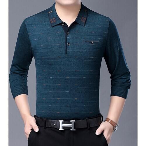Man Thin Wool Sweater Casual Male Buttons Jumper Plaid Turn-Down Collar Striped Knit T Shirts
