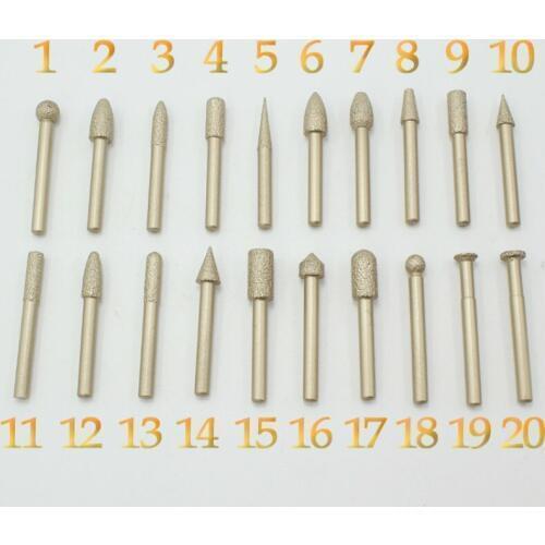 20Pcs Diamond Grinding Head Set Rotary Burrs Abrasive Lapidary Carving Tools for Stone Shank 6mm 1/4" Grit 46
