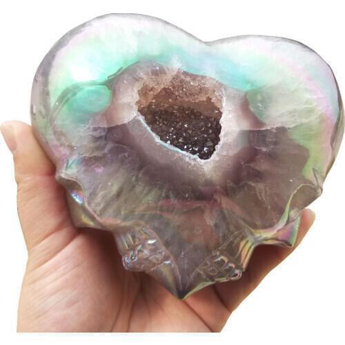 Natural Beautiful Agate geode double skull heart Crystal skull heart electroplating rainbow agate skull heart
