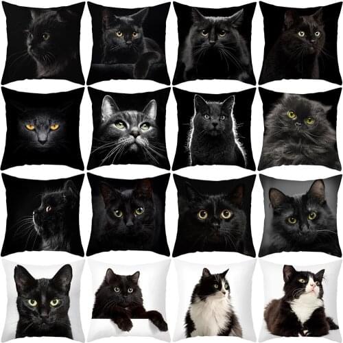Cartoons Cushion Cover 45x45 Black Cat Pillowcover Polyester Sofa Cushions Pillowcase Throw Pillows Home cojines decorativos
