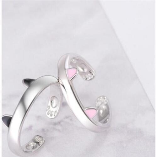 New Fashion Sweet Animal 925 Sterling Silver Jewelry Personality Black And Pink Cat Ear Footprints Epoxy Opening Rings SR644
