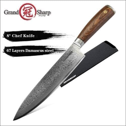 Grandsharp 8 Inch Damascus Chef Knife 67 Layers Japanese Damascus Steel vg10 Damascus Kitchen Knife High Carbon Pakkawood Handle