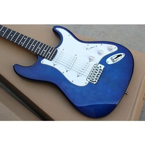 Wholesale metal blue body electric guitar and SSS pickup, White Pickguard, Rosewood Fretboard, provide customized, free deliver