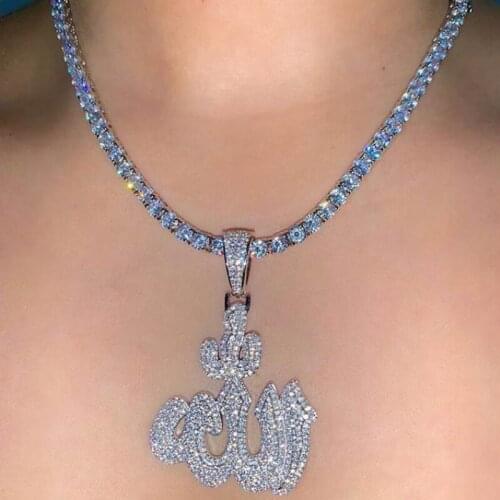 New Iced Out Silver Color Muslims Allah Necklace Pave Zircon 5MM Tennis Chain Allah Pendant Necklace Women Men Hip Hop Jewelry