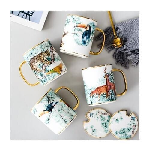 Afternoon Tea Milk Coffee Juice With Cover Spoon Home Drinkware Gold Put Mug Animal British Ceramic Cup