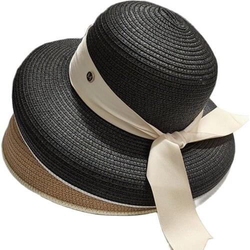 Girl Dome Straw Hat For Women Ladies Summer Wide Large brim Silk Ribbon Letter Sun Hats Visor Caps Sunscreen Panama Gorros