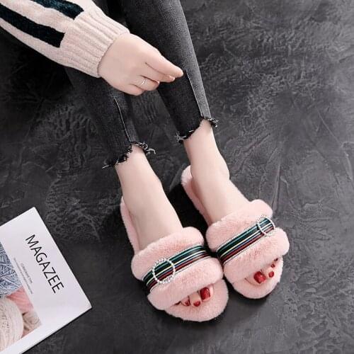 Multicolor ribbon fluffy slippers women shine crystal round buckle indoor slides solid open toe pantufals rabbits fur home shoes