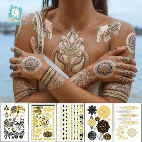 6Pcs Indian Arabic Designs Flash Metallic Waterproof Temporary Tattoos Gold Silver TatooPaste Fake Tatoo Sticker Girls On Body