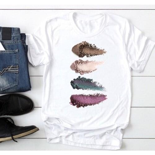 Women Make Up Striped New Trend Short Sleeve Fashion Cartoon Summer Lady Print Tee Graphic T Top Female Tshirts Clothes T-Shirt