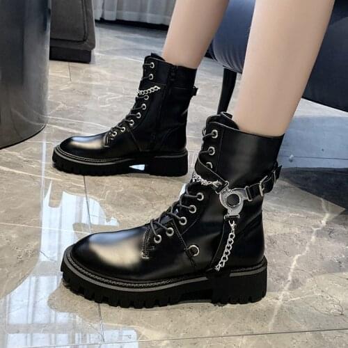 Womens Shoes Women Ankle Boots Punk Style Platform Shoes Goth Winter Lace-up Booties Chunky Heel Sexy Chain 2020 Femmes Bottes