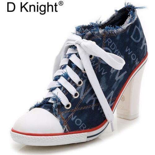 Women High Heels Platform Shoes Fashion Canvas Thick/Thin Heels Women Pumps Large Size 34-40 Ladies Casual High Heeled Sneakers