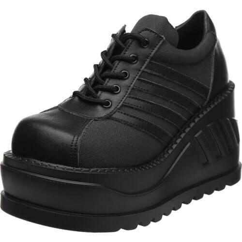 Womens Round Toe Platform Lace Up Wedge High Heel Genuine Leather Gothic Punk Retro Shoes Black Girls New 2020