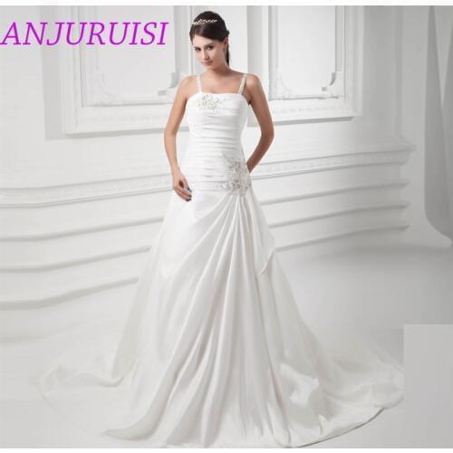 ANJURUISI Spaghetti Straps A Line Satin Wedding Dresses 2020 Elegant Pleat Bridal Dresses Beaded Wedding Gowns Vestido De Noiva