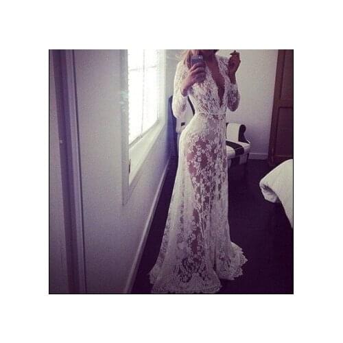 Dress Women Summer Sexy Deep v-neck White long-sleeved see-through Lace Tight Trailing Connect Dresses Casual Vestidos BLK0894