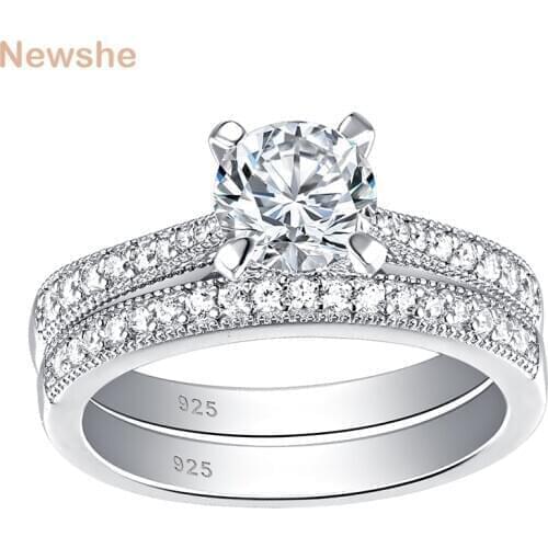 Newshe Solid 925 Sterling Silver Eternity Wedding Engagement Rings For Women Bridal Set Round Cut AAA Zircons Classic Jewelry