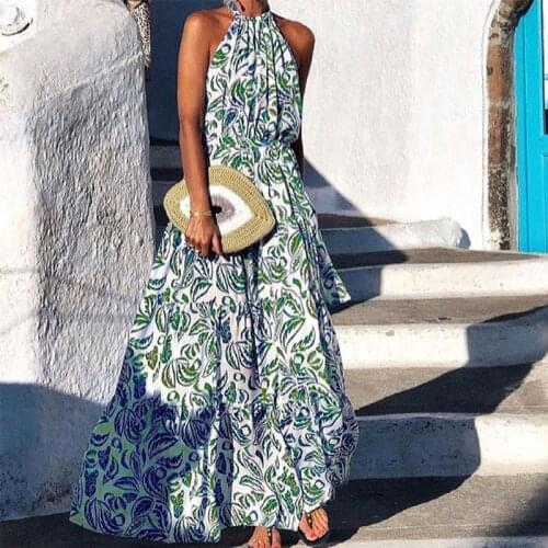 Women Boho Party Dress Vintage Pattern Print Casual Long Dress Sexy Halter Sleeveless Lady Fashion Elegant Beach Maxi Dress