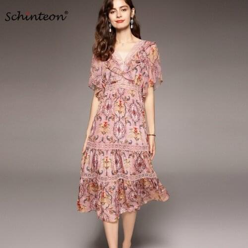 Schinteon Women Silk Long Dress 100% Real Silk Print V-Neck Patchwork Lace Short Flying Sleeve Ruffles Summer Dresses