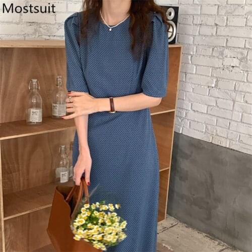 Korean Vintage Dot Printed Dress Women Short Sleeve O-neck Belted Midi Dresses Summer Elegant Ladies Vestidos Femme 2021