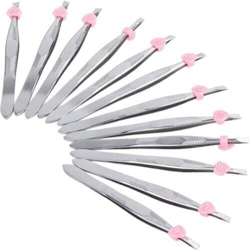 12Pcs/Set Stainless Steel Slanted Eyebrow Tweezers Face Hair Removal Clip Makeup Tool Ladies Cosmetics Beauty