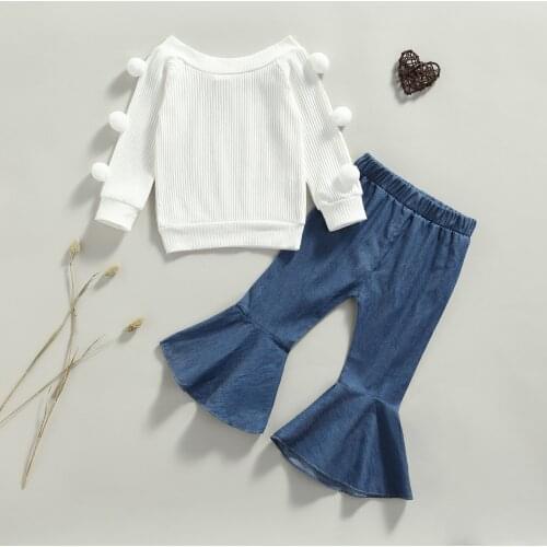 Autumn Kids Girls Clothes Solid Long Sleeve Pullover Top Denim Flare Pants Children Fashion 2pcs Children Girl Clothing Sets