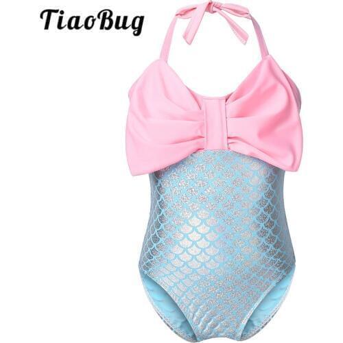 TiaoBug Baby Girls One-piece Swimsuit Halter Bowknot Mermaid Scales Printed Swimwear Kids Toddlers Bathing Suit Beachwear
