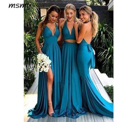 Elegant Deep V-Neck Long Blue Backless Sleeveless Bridesmaid Dressese Party Prom Dresses Custom Made Custom Made