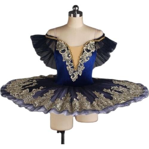 Off Shoulder Classical Ballet Dance Tutu Dresses Dark Blue Velvet Bodice with Gold Sequin Trim Ttiff Tulle Pancake Tutus BLL417