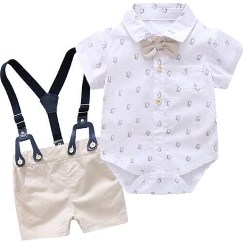 Baby Boy Gentleman Clothes Set Summer Suit For Toddler White Shirt with Bow Tie+Suspender Shorts Formal Newborn Boys Clothes