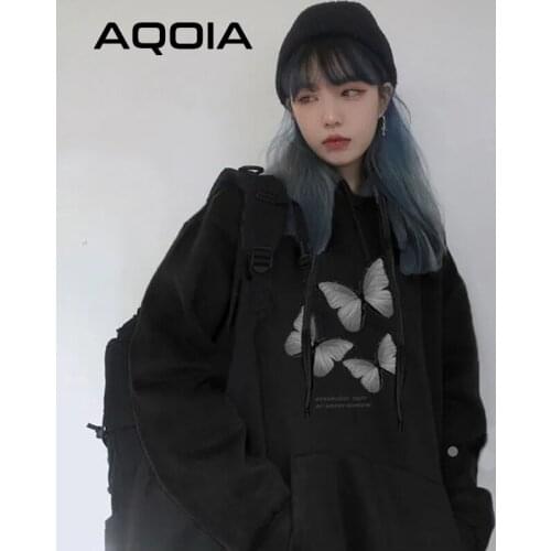Korean Loose butterfly Printe Female Pullovers Streetwear y2k Oversize Pockets Women Hoodies 2020 Winter Plus Size Sweatshirt