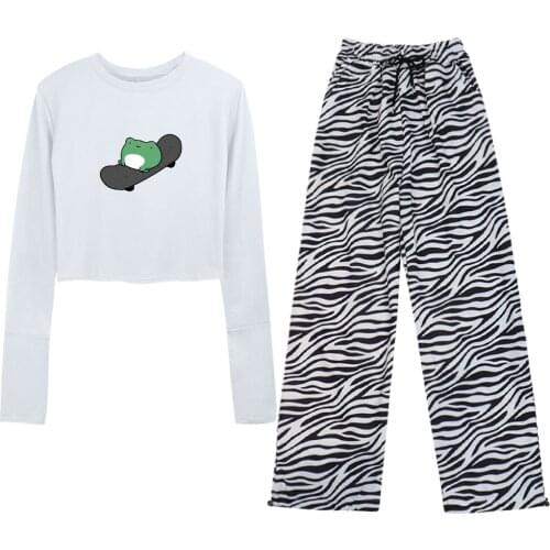 Frog on Skateboard Harajuku Crop Top Long Sleeve Shirt Cotton Stripe Pants Tight T-Shirt Female Gothic Casual Women Sweatpants