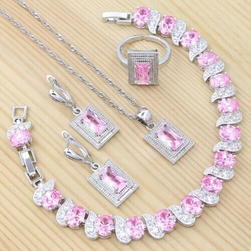 Square Earrings Ring Pendant Chain Bracelet 925 Sterling Silver Sweet Jewelry Set Pink Cubic Zirconia Jewelry for Women