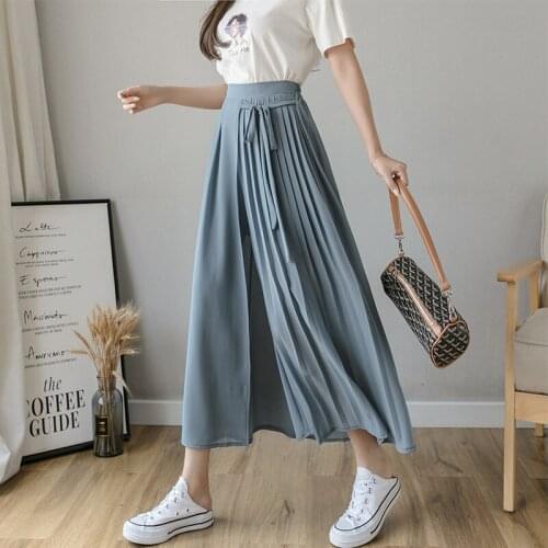 Limiguyue Summer Korean Strawstring Pleated Chiffon Pants Skirts Casual Wide Leg Pants Elastic Waist Plus Size Trousers K1919
