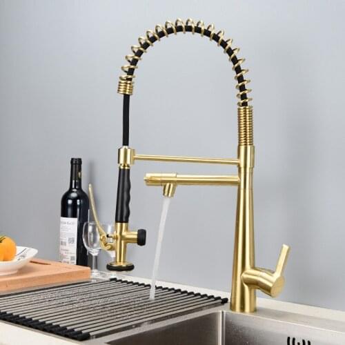 Brushed Gold Kitchen Sink Faucets Hot & Cold Solid Brass Rotating Mixer Taps Pull Out Spray Nozzle Single Handle Deck Mounted