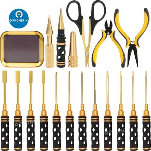 19 in 1 RC Model Repair Tools Kit with Hex Socket Screwdrivers Wrench Pliers Hole Opener Reamer Metal Tray for RC Car Drone Boat