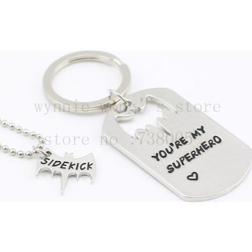 2015 new handstampe Jewelry Dog Tag Bat keychain you're my superhero keychain& necklace set bat cutout gift for dad and sidekick