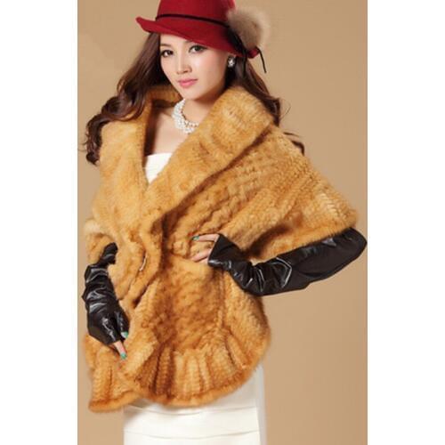 Luxury Winter Womens Genuine Real Knitted Mink Fur Shawl Ruffle Hem Lady Wraps Female Cape VF0469