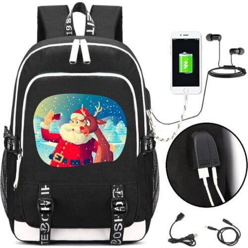Santa makes a selfie Xmas Funny games Rucksack Backpack Bag W/ USB Port Travel Laptop Student School Bags