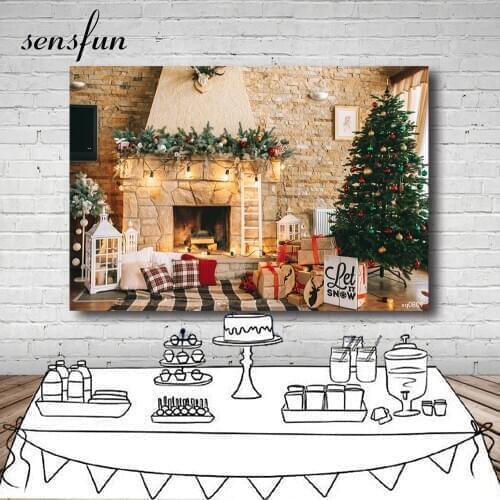 Sensfun Fireplace Christmas Day Backdrops For Photography Wall Indoor Gift Lights Tree Backgrounds Custom Photocall